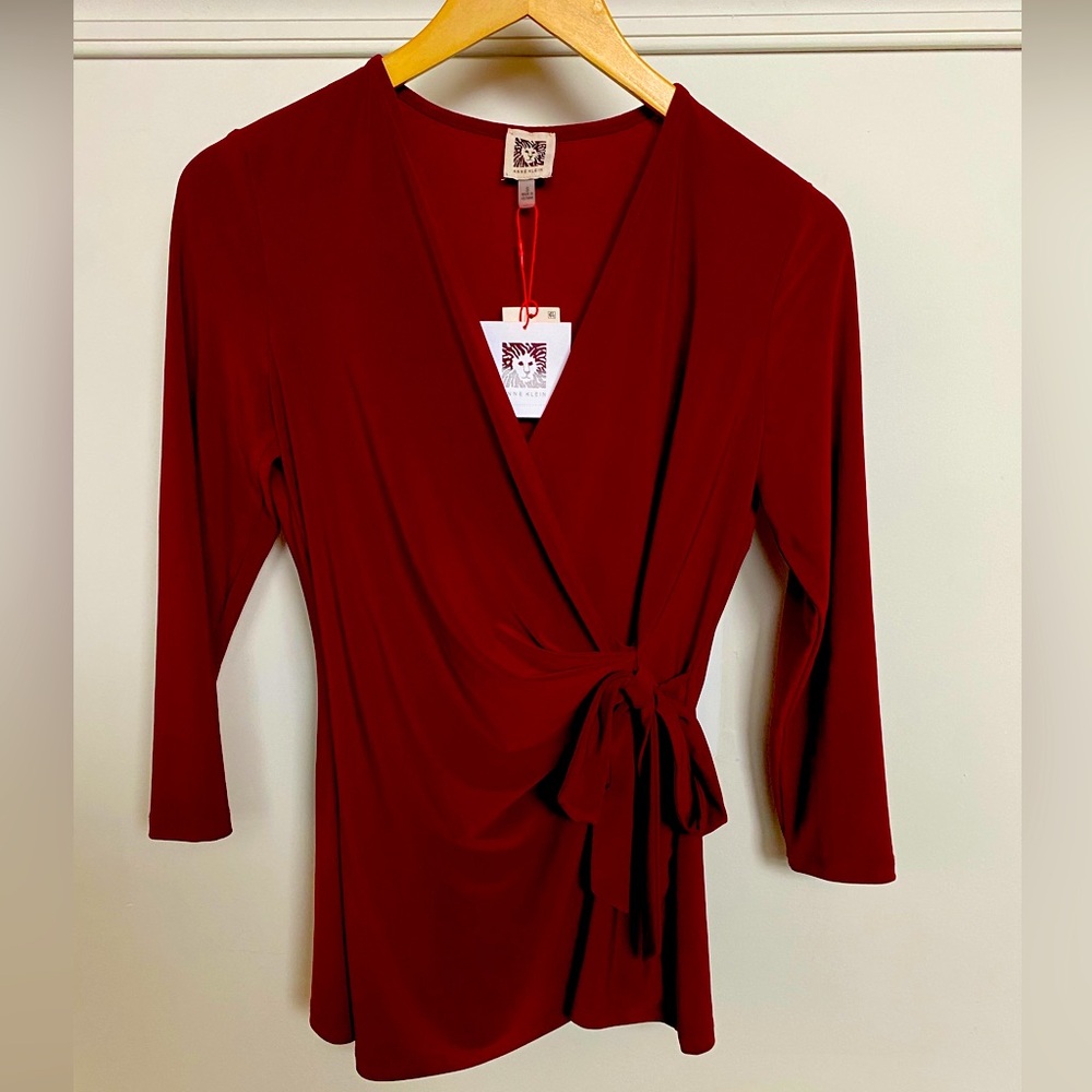 Anne Klein V-Neck 3/4 Sleeve Burgundy Wrap Blouse